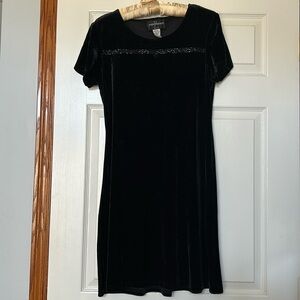 90s Vintage Black Crushed Stretch Velvet Babydoll Dress